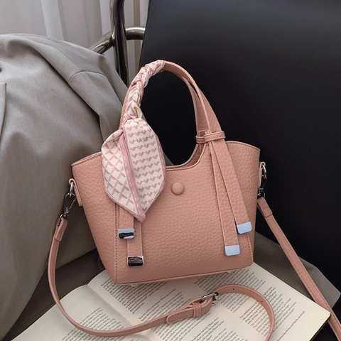 Women Litchi Pattern PU Leather Bucket Bag Elegant Satin Scarf Decor Large Capacity Shoulder Crossbody Bag Casual Daily Purse