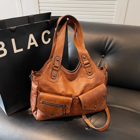 Borsa Tote Retro Grande Capacità Da Donna In Morbida Pelle PU Con Tasche Multiple Borsa A Tracolla Vintage