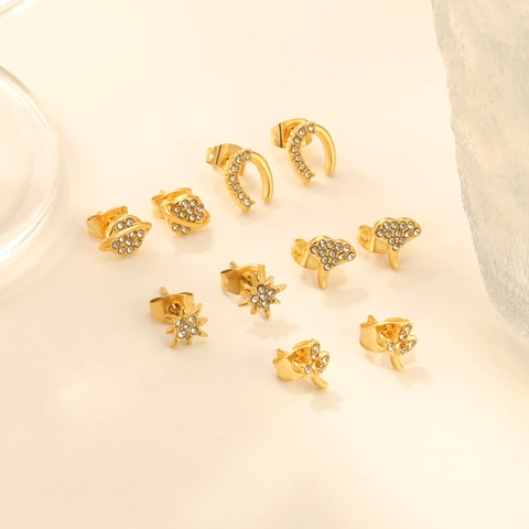 Orecchini A Lobo Minimalisti In Acciaio Inossidabile Placcato Oro Argento Zircone Stella Saturno Elefante Foglia Donna