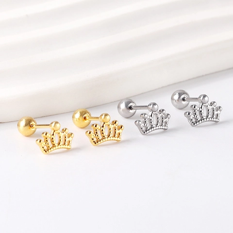 Boucles d'Oreilles Clous Couronne en Acier Inoxydable pour Femme Minimaliste Plaqué Or Argent Détail Cœur Bijoux de Mode