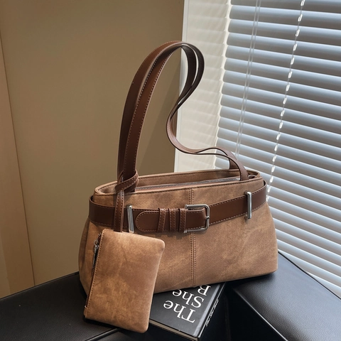 Vintage PU Leather Underarm Bag For Women Retro Belt Decoration Shoulder Bag With Mini Pouch Casual Commute Handbag