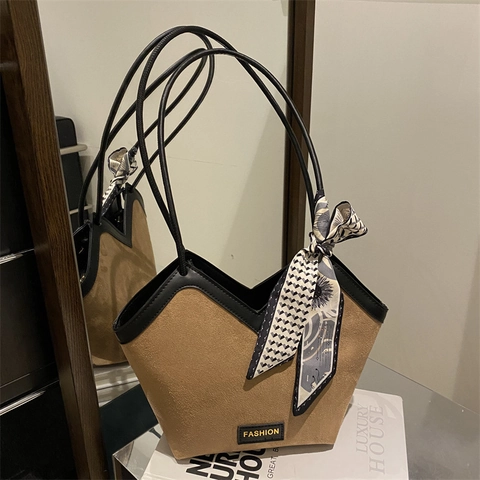 Vintage Suede Women Shoulder Tote Bag V Shaped Opening With Decorative Satin Scarf Large Capacity Matte Texture Trendy Commuter Handbag
