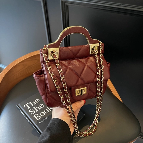 Quilted Crossbody Bag For Women PU Leather Diamond Pattern Metal Handle Chain Shoulder Handbag Elegant Square Purse