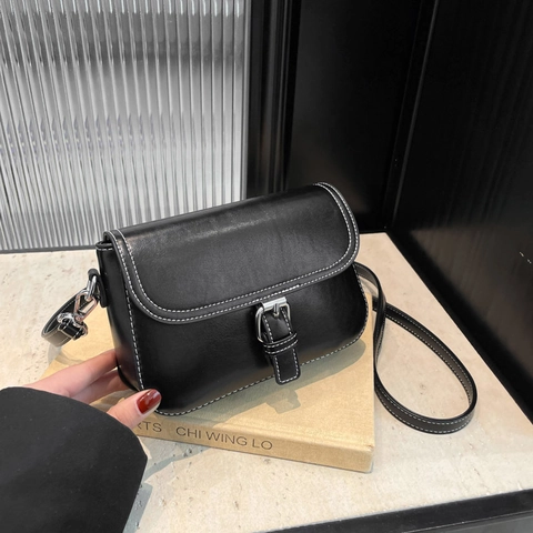 Vintage Women Crossbody Bag PU Leather Small Square Shoulder Purse With Contrast Stitching Silver Buckle Retro Style