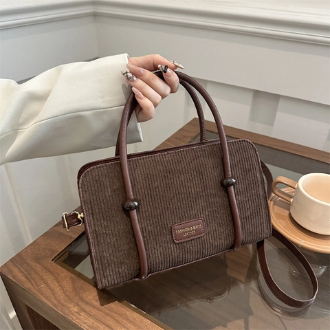 Vintage Corduroy Crossbody Bag For Women Small Square Handbag With PU Leather Handle Adjustable Strap Casual