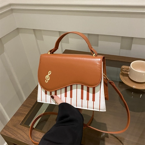 Sac Bandoulière En Cuir PU Imprimé Clavier De Piano Avec Décor De Note De Musique Sac À Main Rétro Style Académie