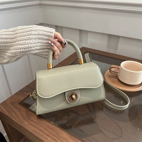 Vintage PU Leather Small Square Bag For Women Minimalist Crossbody Handbag With Retro Circular Metal Lock Shoulder Bag