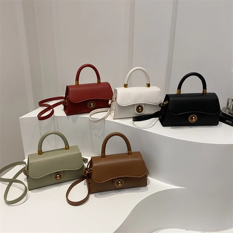Vintage PU Leather Small Square Bag For Women Minimalist Crossbody Handbag With Retro Circular Metal Lock Shoulder Bag