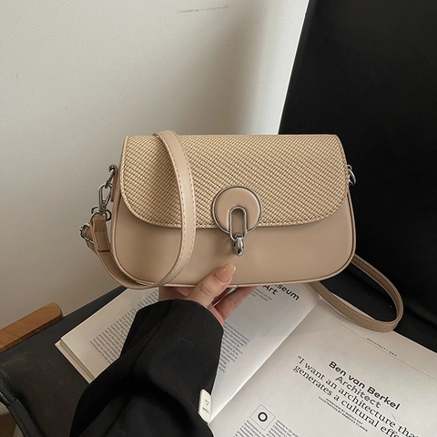 Women Crossbody Bag PU Leather Woven Texture Small Square Shoulder Handbag Metal Buckle Korean Fashion Minimalist Daily Messenger