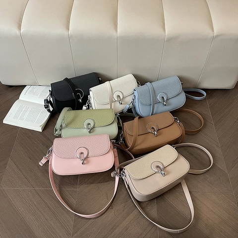 Women Crossbody Bag PU Leather Woven Texture Small Square Shoulder Handbag Metal Buckle Korean Fashion Minimalist Daily Messenger
