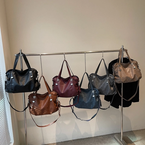Women Large Capacity Tote Bag Vintage PU Leather Shoulder Crossbody Bag Silver Hardware Daily Commute Soft Solid