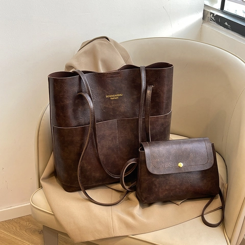 Borsa Tote da Donna in Pelle PU a Grande Capacità Minimalista Set Con Piccola Borsa a Tracolla Vintage Moda Borsa Madre-Figlio Borsa a Spalla Pendolare Quotidiana
