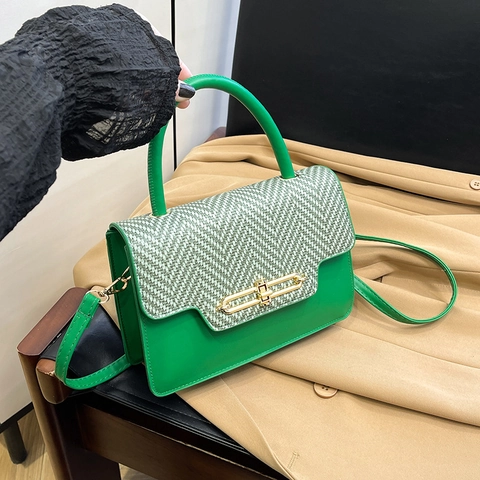 Borsa A Tracolla Da Donna Pelle PU Patchwork Strutturato Patta Borsa A Mano Con Manico Fibbia In Metallo Dorato Chic