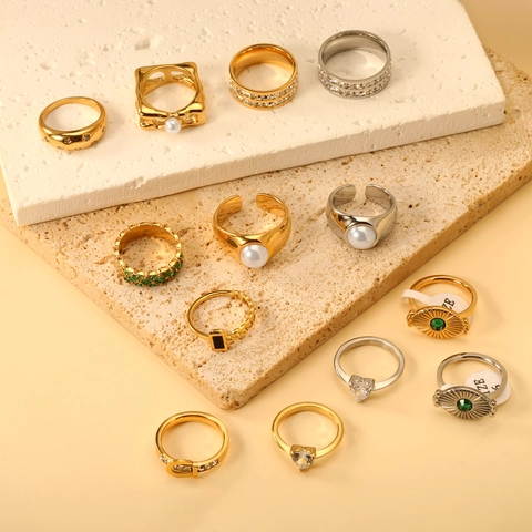 Vintage Gold Plated Stainless Steel Rings For Women Geometric Heart Sunburst Artificial Pearl Cubic Zirconia Tarnish Free Jewelry