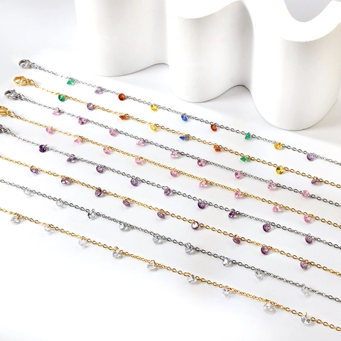 Cavigliera In Acciaio Inossidabile Con Ciondoli Geometrici In Zircone Colorato Catena Regolabile Placcata Oro Donna