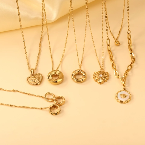 Juego de Collar y Pendientes Geométricos Minimalistas de Acero Inoxidable Chapado en Oro para Mujer Joyas de Moda Colgantes Abeja Corazón Ángel Perla