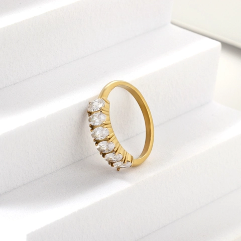 Stainless Steel Gold Plated Ring For Women With Oval Cubic Zirconia Row Setting Retro Vintage Style Multi Stone Jewelry