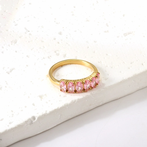 Stainless Steel Gold Plated Ring For Women With Oval Cubic Zirconia Row Setting Retro Vintage Style Multi Stone Jewelry