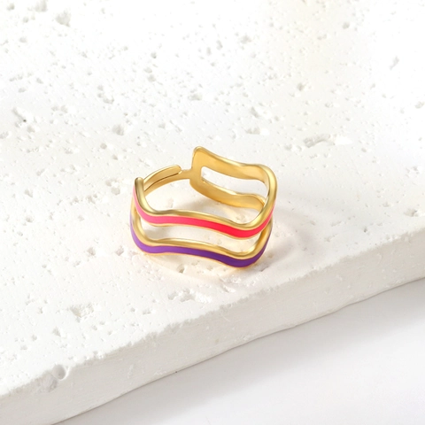 Anello Aperto in Acciaio Inossidabile da Donna Placcato Oro 18K Nodo a Cuore Smalto Ondulato Regolabile Gioielli di Moda