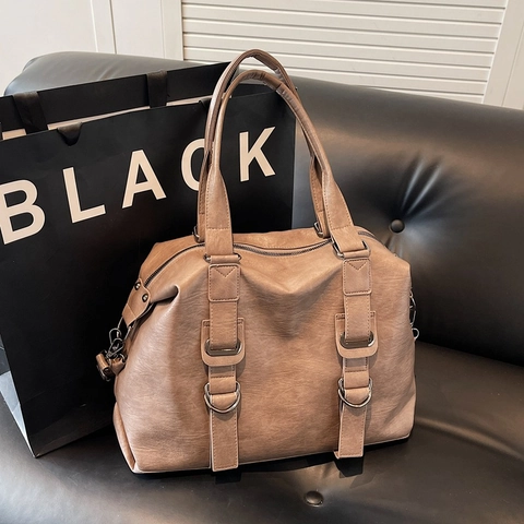 Women Large Capacity Tote Bag PU Leather Retro Litchi Texture Handbag With Detachable Shoulder Strap For Commuting