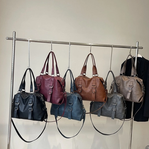 Women Large Capacity Tote Bag PU Leather Retro Litchi Texture Handbag With Detachable Shoulder Strap For Commuting