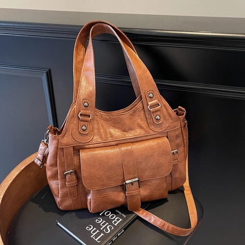 Women Vintage Crossbody Bag Large Capacity Soft PU Leather Multi Pocket Shoulder Tote Casual Commute