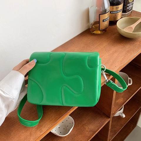 Bolso Bandolera Pequeño Cuadrado De Cuero PU Acolchado Con Rompecabezas Para Mujer Correa Ajustable Color Sólido Bolso De Hombro