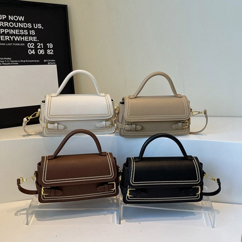 Vintage Litchi Pattern PU Leather Crossbody Bag For Women Small Square Handbag With Metal Buckles Elegant Shoulder Bag