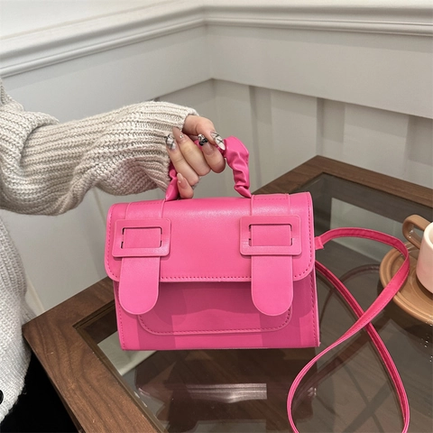 Bolso Bandolera Para Mujer Cuero PU Asa Fruncida Hebillas Decorativas Bolso De Mano Cuadrado Pequeño Casual Color Sólido