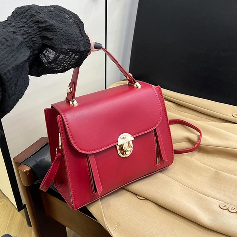 Retro Women Small Square Crossbody Bag PU Leather Handbag Gold Round Lock Decorative Zippers Elegant Top Handle Purse