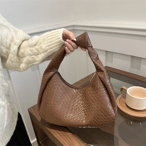 Damen Gewebte PU-Leder Hobo Schultertasche Mit Knotengriff Intrecciato Strukturierte Achseltasche Reißverschluss Vintage