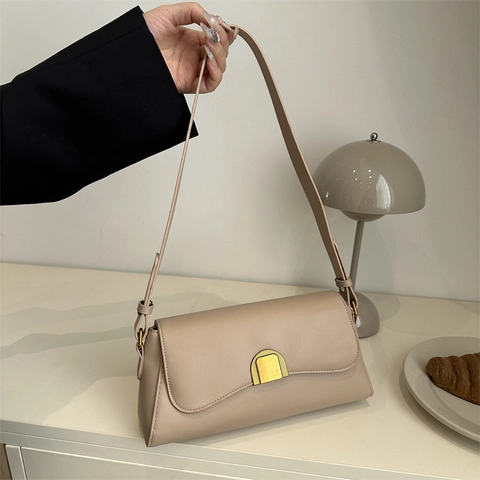 Women Baguette Underarm Shoulder Bag PU Leather Retro French Minimalist Gold Metal Buckle Daily Small Square Bag