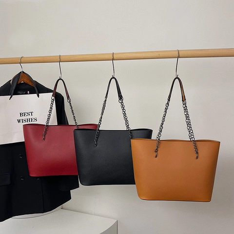 Damen Tote Bag Große Kapazität PU Leder Metallkette Schultergurt Minimalistische Retro Pendler Handtasche