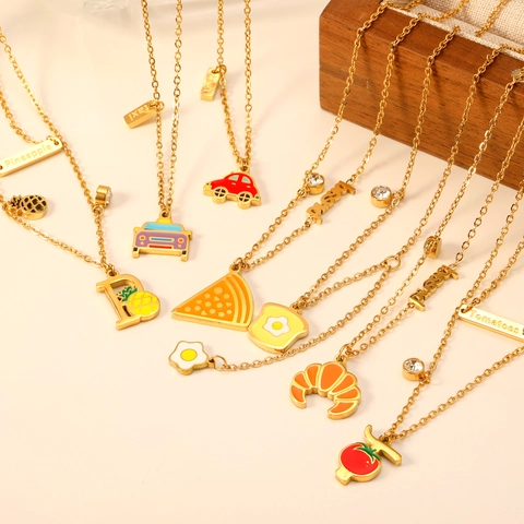 Gold Plated Stainless Steel Enamel Food Fruit Pendant Necklace For Women Fun Cute Hamburger Pumpkin Pizza Taxi Jewelry