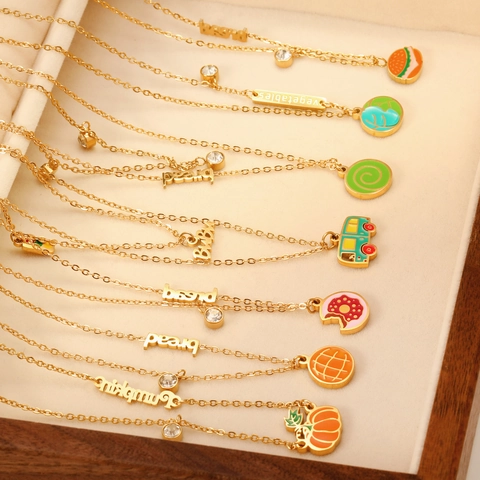 Gold Plated Stainless Steel Enamel Food Fruit Pendant Necklace For Women Fun Cute Hamburger Pumpkin Pizza Taxi Jewelry