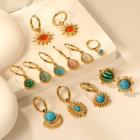 Vintage Bohemian Gold Plated Stainless Steel Hoop Earrings With Blue Turquoise Inlaid Geometric Sun Drop Fan Shaped Women Ethnic Jewelry Gift