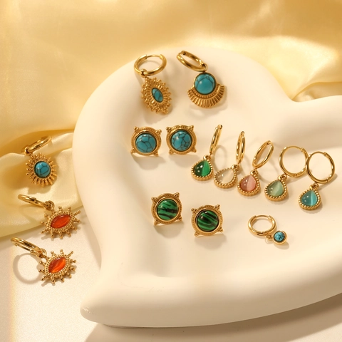 Vintage Bohemian Gold Plated Stainless Steel Hoop Earrings With Blue Turquoise Inlaid Geometric Sun Drop Fan Shaped Women Ethnic Jewelry Gift