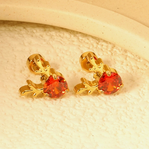Reindeer Christmas Stud Earrings Gold Plated Stainless Steel Red Cubic Zirconia Twist Screw Back Holiday Jewelry Women