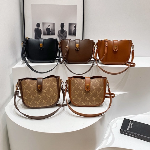 Retro Women PU Leather Saddle Bag Horse Print Solid Color Shoulder Crossbody Handbag With Metal Buckle