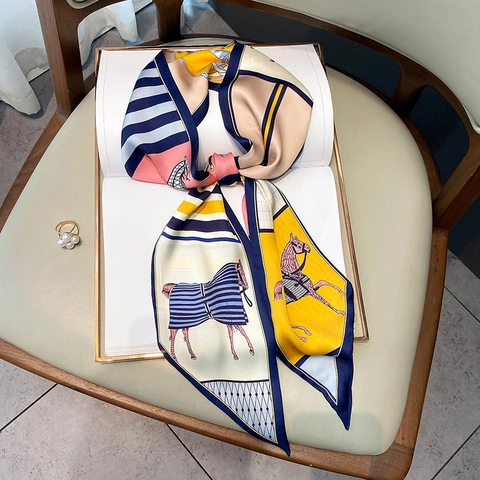 Sciarpa Stretta Da Donna Imitazione Raso Equestre Stampa Cavallo Foulard Moda Fascia Per Capelli Manico Borsa Doppio Lato Elegante