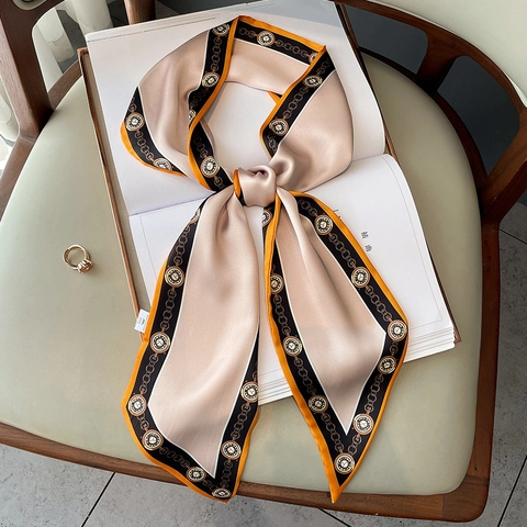 Retro Chain Clock Print Skinny Scarf Imitation Satin Satin Narrow Long Neck Tie Hair Band Decorative Ribbon For Women