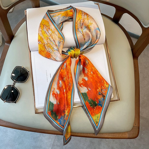 Skinny Twilly Scarf Imitation Satin Oil Painting Art Print Elegant Neck Tie Handbag Handle Wrap Headband For Women