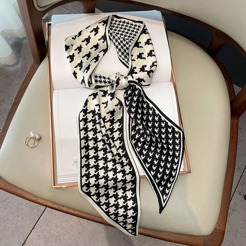 Fashion Skinny Scarf Houndstooth Print Satin Hair Band Bag Handle Wrap Retro Neck Ribbon Polyester For Women
