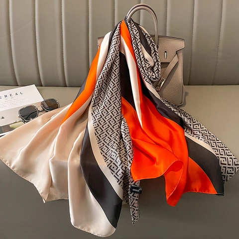 Bufanda De Moda Para Mujer Chal Largo Grande Satinado Sensación De Satén Bloque De Color Geométrico Elegante Envoltura