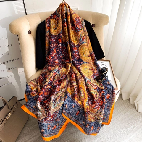 Paisley Blumendruck Schal Damen Groß Rechteckig Satinnimitat Satin Weich Elegant Sonnenschutz