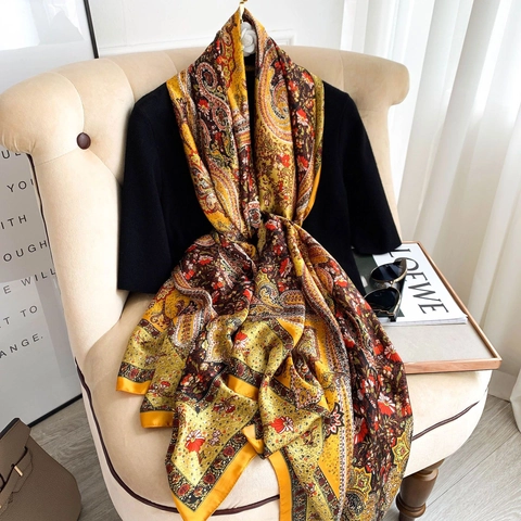 Paisley Blumendruck Schal Damen Groß Rechteckig Satinnimitat Satin Weich Elegant Sonnenschutz