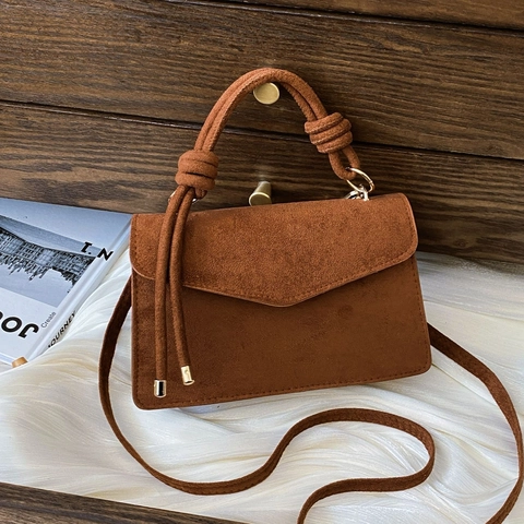 Women Frosted PU Leather Crossbody Bag French Retro Knot Handle Envelope Flap Small Square Handbag Minimalist Solid Color