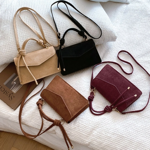 Women Frosted PU Leather Crossbody Bag French Retro Knot Handle Envelope Flap Small Square Handbag Minimalist Solid Color