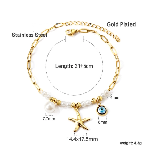 Bracelet de Cheville Océan en Acier Inoxydable Plaqué Or Avec Breloques Étoile de Mer Fausse Künstliche Perle et Mauvais Œil Bijoux de Plage Femme