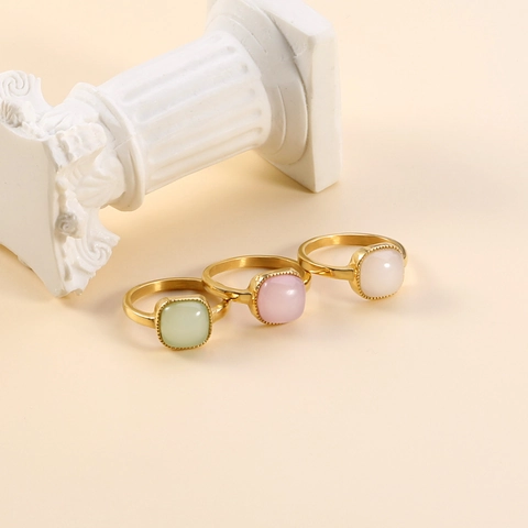 Anello in Acciaio Inossidabile Vintage con Pietra Naturale Quadrata per Donna Placcato Oro Retro Geometrico Gioielli Eleganti Regalo